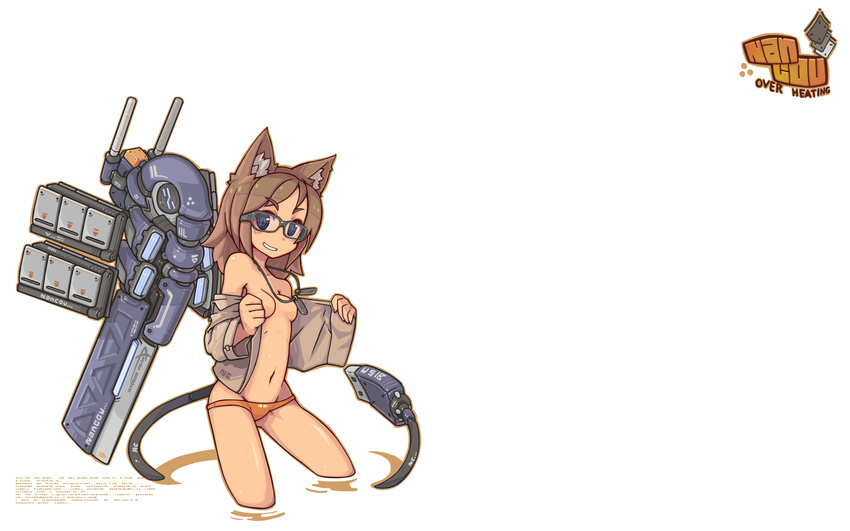 blue_eyes breasts brown_hair catgirl glasses gun long_hair nancou_(nankou) navel open_shirt original tail weapon white