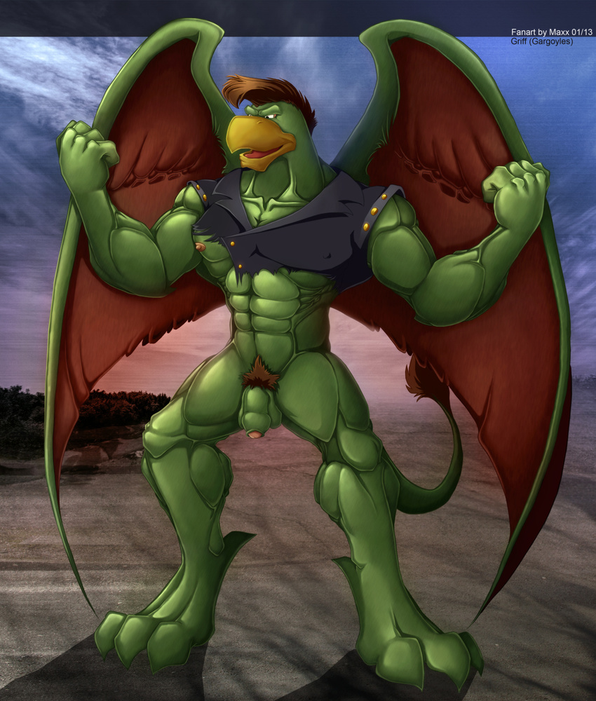 abs anthro avian balls beak biceps brown_hair clothing feathers flaccid flexing gargoyles green_body griff gryphon hair jacket male maxx muscles nipples open_mouth pecs penis pose presenting pubes solo standing talons toned tongue torn_clothing uncut wings
