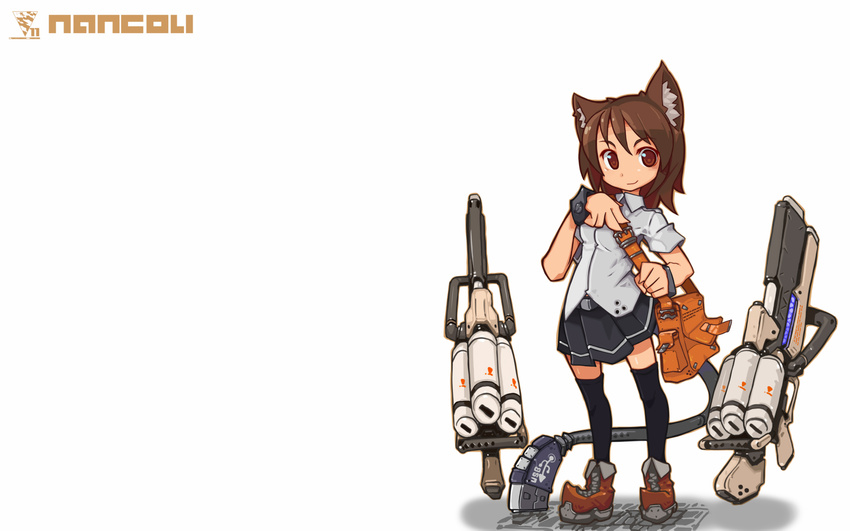 brown_eyes brown_hair catgirl gun nancou_(nankou) original short_hair tail thighhighs weapon white