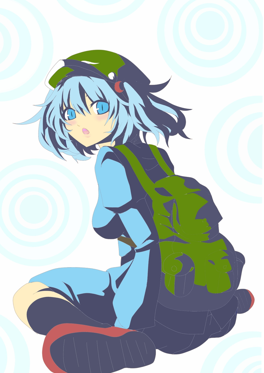 backpack bad_id bad_pixiv_id bag black_legwear blue_eyes blue_hair blue_shirt breasts green_hat hair_bobbles hair_ornament hat highres kawashiro_nitori looking_at_viewer matsukei medium_breasts open_mouth red_footwear shirt shoes slit_pupils socks solo touhou two_side_up