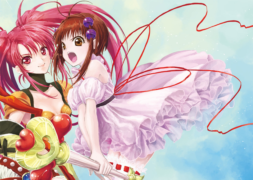 :o ahoge bad_id bad_pixiv_id brown_eyes brown_hair dress jako_(toyprn) long_hair multiple_girls nanaly_fletch pink_dress reala red_eyes red_hair short_hair smile tales_of_(series) tales_of_destiny_2 twintails very_short_hair wand