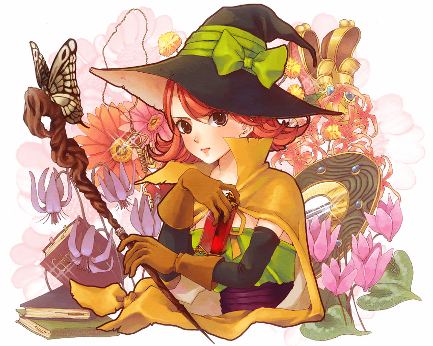blush book brown_eyes bug butterfly dragon_quest dragon_quest_iii elbow_gloves flower gloves grimoire hat hat_ribbon highres insect key mage_(dq3) merami mirror pink_hair ribbon shoes short_hair solo staff upper_body witch_hat