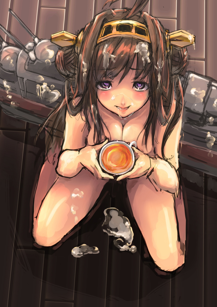 1girl blush breasts brown_hair cum cum_on_floor cumdrip facial female heart heart-shaped_pupils highres holding indoors kantai_collection kongou_(kantai_collection) long_hair looking_up motida nude open_mouth purple_eyes sitting solo symbol-shaped_pupils tea