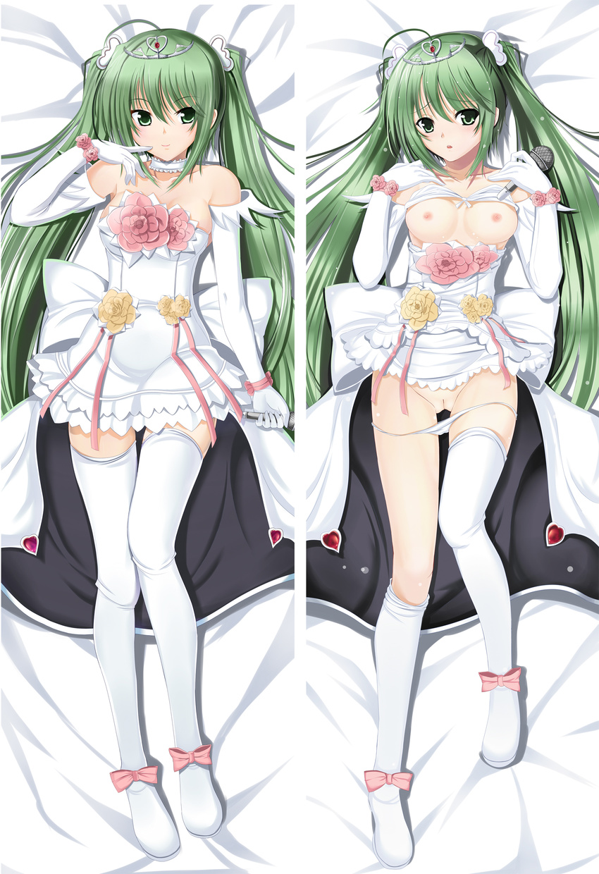 absurdres boots breasts choker dakimakura elbow_gloves flower gloves hatsune_miku highres long_hair md5_mismatch medium_breasts microphone multiple_views nipples pussy sakura_kaoru smile thigh_boots thighhighs twintails very_long_hair vocaloid