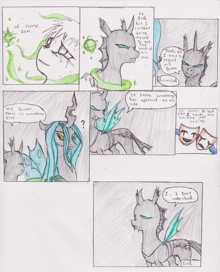 black_body blue_eyes blue_hair changeling chaostone comic crying cutie_mark dialog english_text equine fangs female feral friendship_is_magic frown fur green_eyes hair horn horse long_hair looking_at_viewer male mammal my_little_pony open_mouth original_character plain_background pony queen_chrysalis_(mlp) smile standing tears teeth text winged_unicorn wings