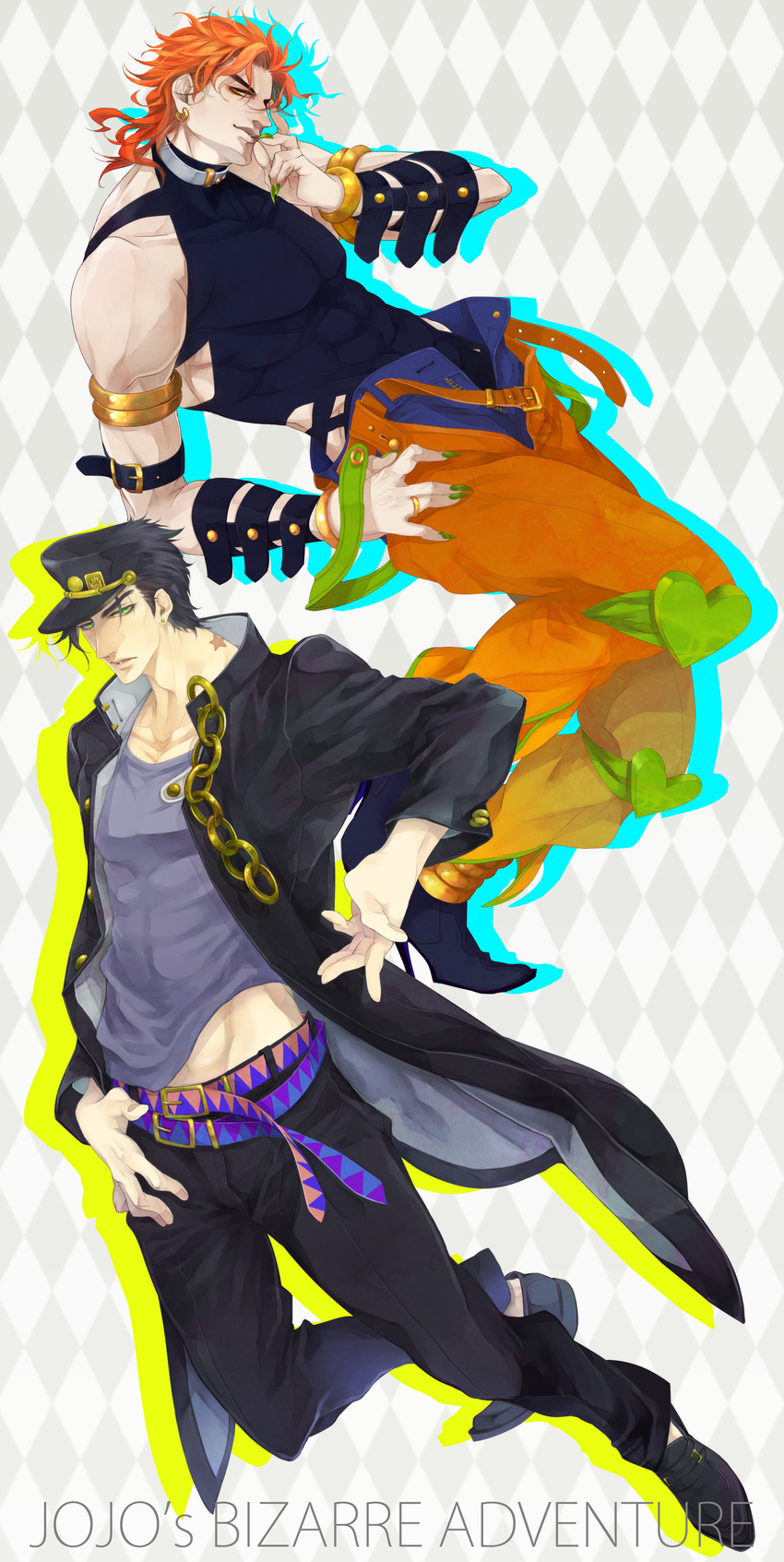 absurdres belt black_hair dio_brando fingernails gakuran hat highres jojo_no_kimyou_na_bouken kuujou_joutarou long_coat long_fingernails multiple_boys nail_polish red_eyes rui_yuda school_uniform