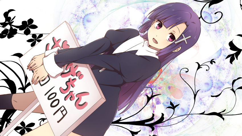 bad_id bad_pixiv_id bangs black_legwear blunt_bangs blush cross hair_ornament highres holding holding_sign kannagi kneehighs long_hair nun open_mouth purple_eyes purple_hair sign solo yukichi_(eikichi) zange