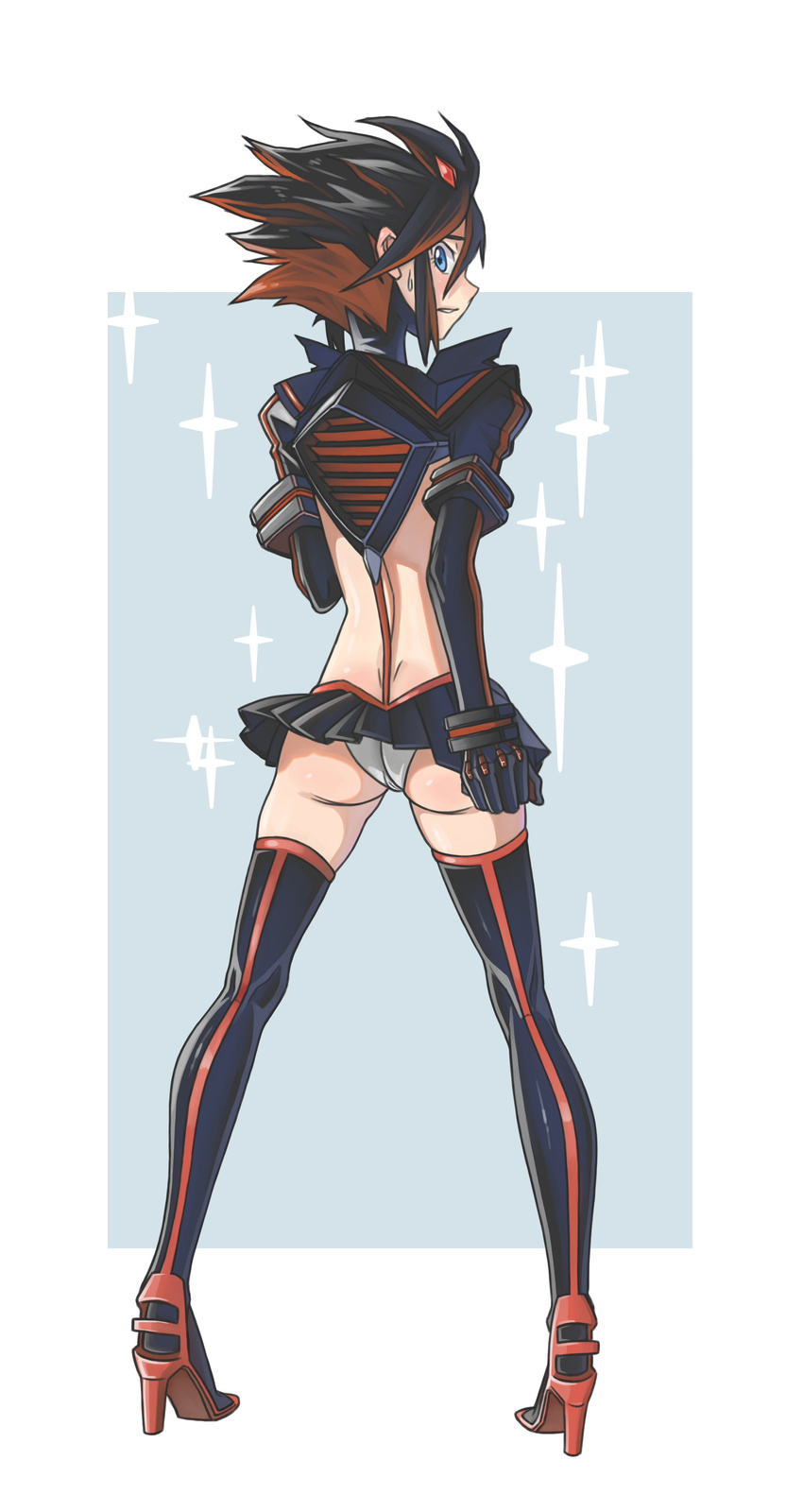 absurdres ass black_hair blue_eyes blush embarrassed from_behind high_heels highres kill_la_kill looking_back matoi_ryuuko multicolored_hair panties red_hair school_uniform senketsu shinn0512 short_hair suspenders sweatdrop thighhighs two-tone_hair underwear