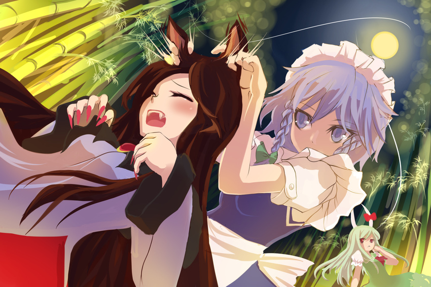 :&lt; animal_ears apron bad_id bad_pixiv_id bamboo bamboo_forest blue_eyes bow braid brooch brown_hair closed_eyes covering_mouth dress dutch_angle ear_pull eargasm ex-keine fang fingernails forest full_moon green_hair hair_bow hand_in_hair horn_ribbon horns imaizumi_kagerou izayoi_sakuya jewelry kamishirasawa_keine layered_dress leaf leaning_back light_particles light_trail long_fingernails long_hair long_sleeves looking_at_another maid_headdress moon motion_lines multiple_girls nature night night_sky open_mouth playing_with_another's_ears purua_(eriusandvioletta) red_eyes ribbon sharp_fingernails short_hair short_sleeves silver_hair sky touhou twin_braids waist_apron wolf_ears