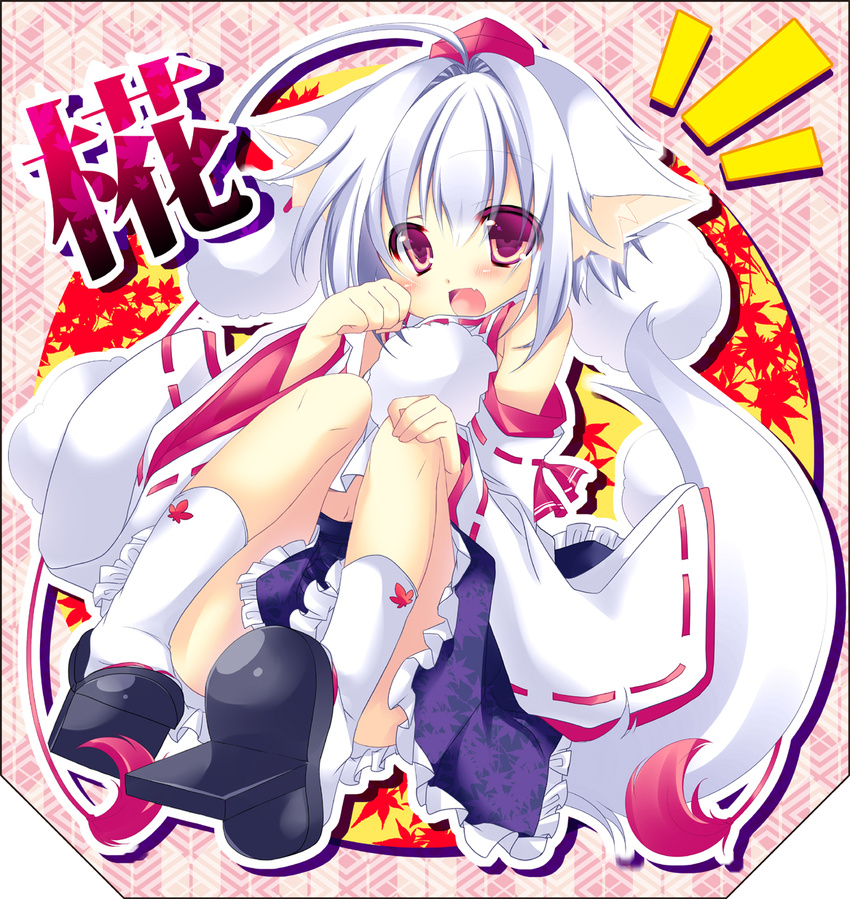 ahoge animal_ears detached_sleeves fang hat highres hikanyan inubashiri_momiji japanese_clothes leaf maple_leaf open_mouth red_eyes sandals socks solo tail tokin_hat touhou white_hair wide_sleeves wolf_ears wolf_tail
