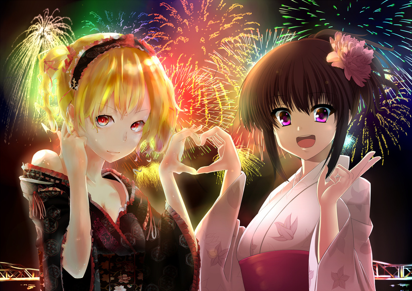 2girls fireworks ishibashi japanese_clothes original ran_p yukata