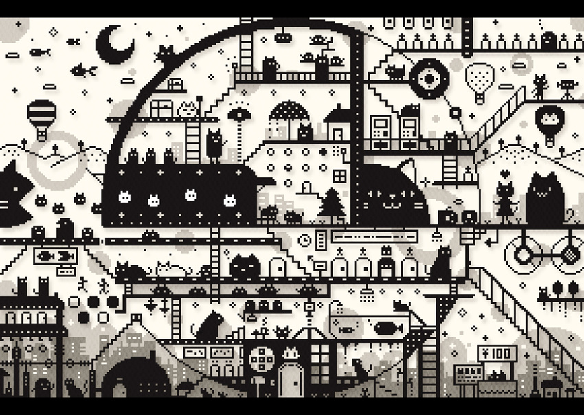 cat crescent_moon hot_air_balloon house kamin monochrome moon no_humans original pixel_art