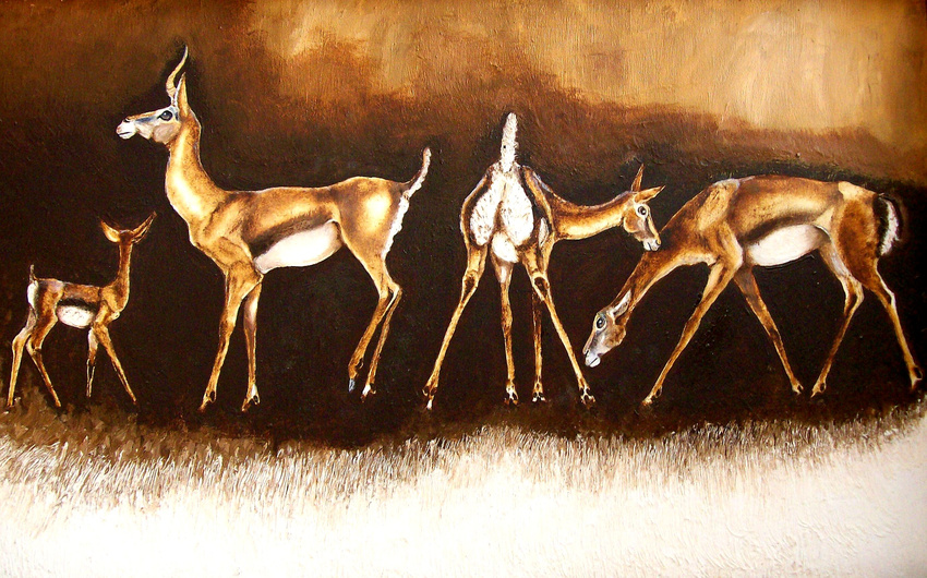 ambiguous_gender brown_fur brown_theme child ears_back ears_up family female feral fur gazelle group horn long_neck parent quadruped size_difference standing traditional_media unknown_artist warm_colors young