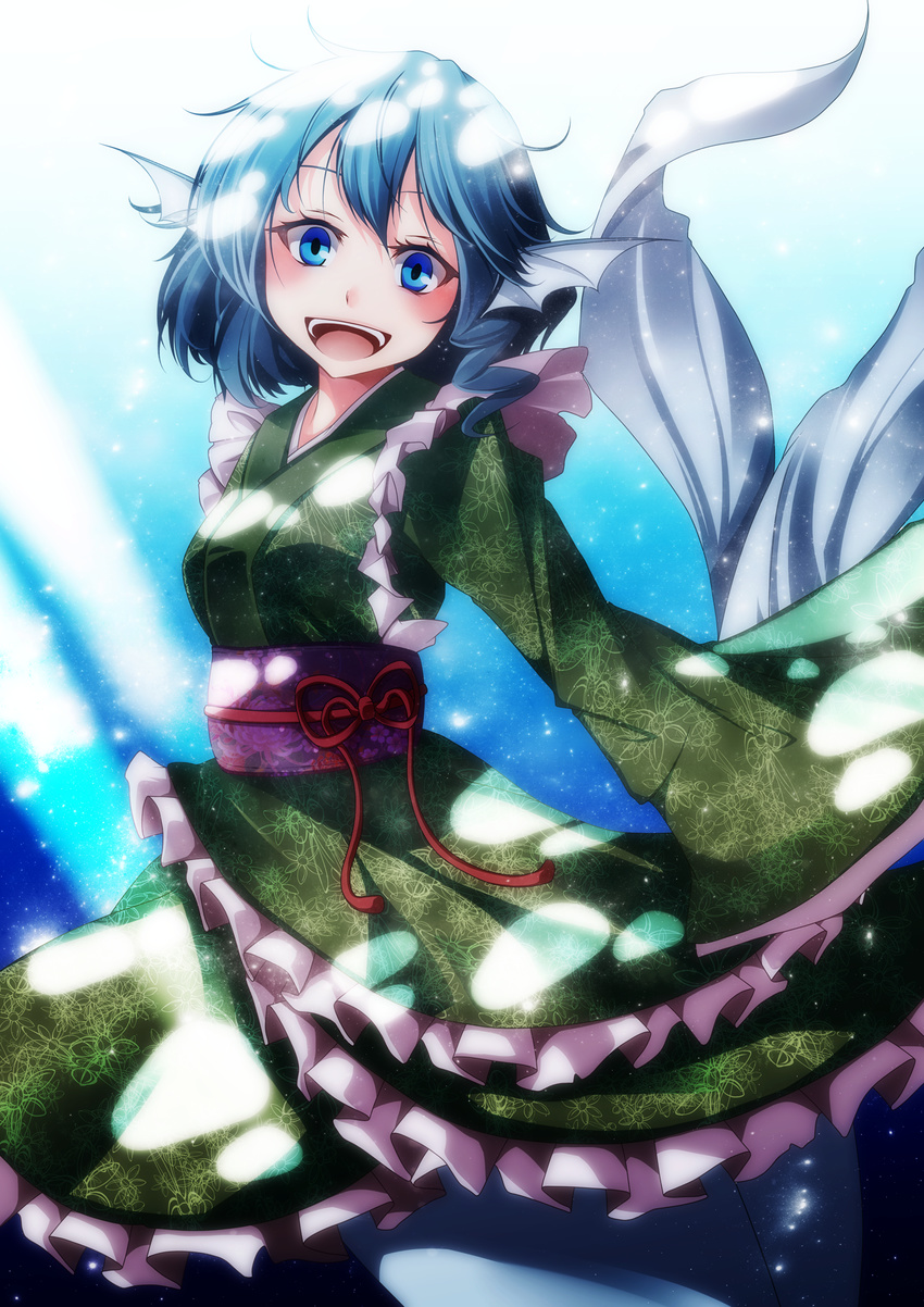 bad_id bad_pixiv_id blue_eyes blue_hair floral_print head_fins highres japanese_clothes kimono long_sleeves looking_at_viewer mermaid monster_girl obi open_mouth s-syogo sash smile solo touhou wakasagihime wide_sleeves