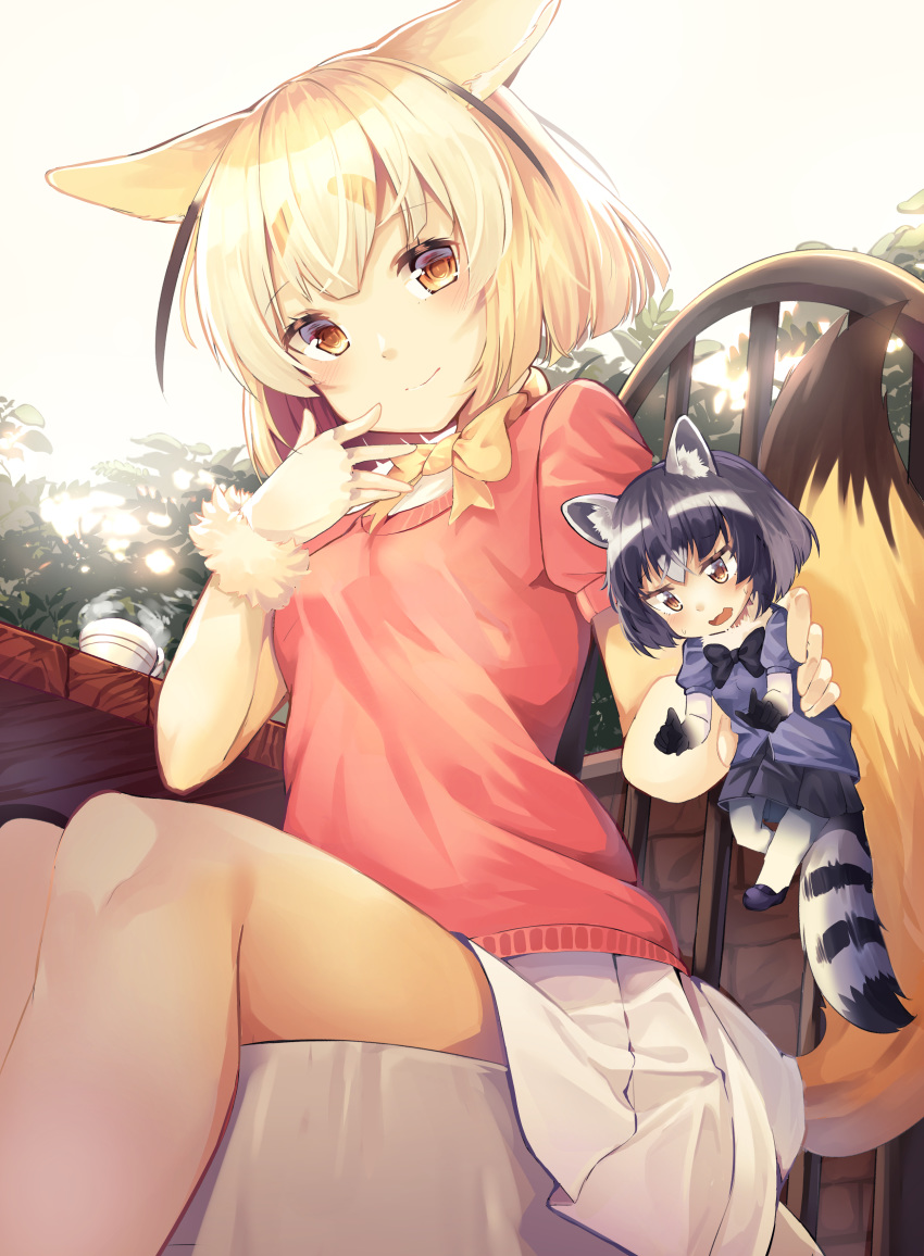 2girls absurdres animal_ears animal_ears_(artist) blonde_hair blue_hair bow bowtie commentary_request common_raccoon_(kemono_friends) elbow_gloves eyebrows_visible_through_hair fennec_(kemono_friends) fox_ears fox_tail fur_collar fur_trim gloves highres holding_another kemono_friends multicolored_hair multiple_girls pantyhose pleated_skirt puffy_short_sleeves puffy_sleeves raccoon_ears raccoon_tail short_hair short_sleeves sitting size_difference skirt small sweatdrop sweater tail thighhighs wavy_mouth