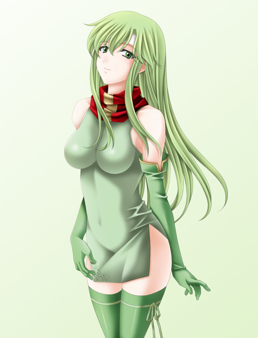 bare_shoulders breasts elbow_gloves fire_emblem fire_emblem:_monshou_no_nazo gloves gradient gradient_background green green_background green_eyes green_gloves green_hair green_legwear green_skirt headband highres large_breasts long_hair looking_at_viewer paola red_scarf ribbon scarf side_slit sidelocks skin_tight skirt smile solo tamamon thighhighs