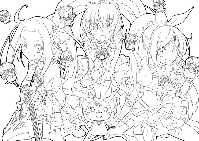 absurdres blush boots brooch choker cure_beat cure_melody cure_rhythm dory electric_guitar fairy_tone fary greyscale guitar heart highres houjou_hibiki hummy_(suite_precure) instrument jewelry kurokawa_eren lary lineart long_hair looking_at_viewer love_guitar_rod magical_girl midriff minamino_kanade miry monochrome mtu_(orewamuzituda) multiple_girls music navel open_mouth playing_instrument precure rery seiren_(suite_precure) side_ponytail skirt smile sory suite_precure thigh_boots thighhighs tiry twintails