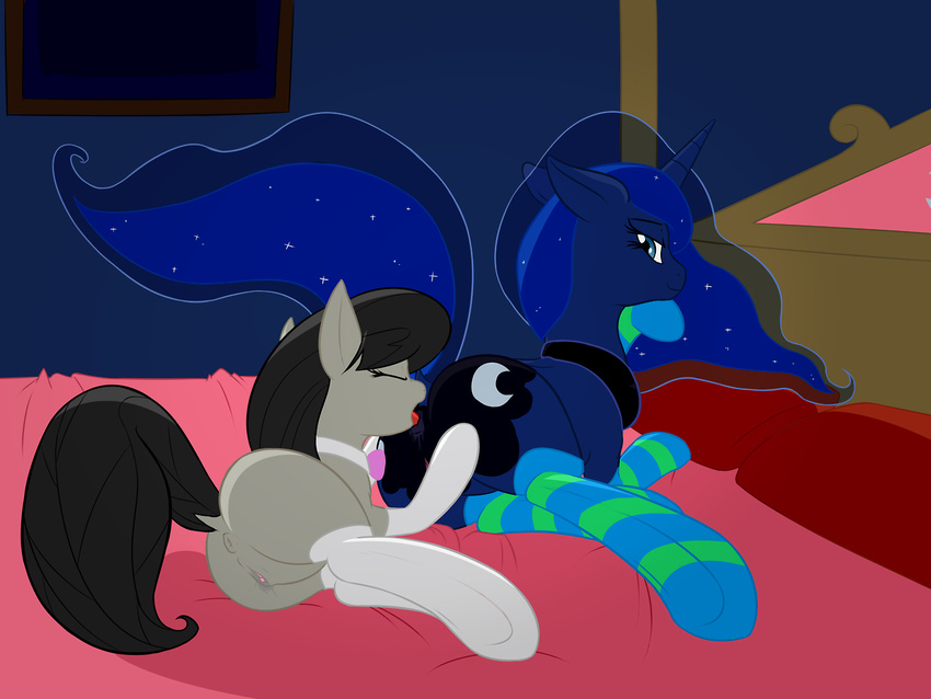 anus apaluv bed black_hair blue_eyes blue_fur blue_hair clitoris cutie_mark duo equine eyes_closed female feral friendship_is_magic fur grey_fur hair horn horse legwear lesbian licking long_hair looking_back lying mammal my_little_pony octavia_(mlp) on_side open_mouth oral oral_sex penetration pony presenting princess_luna_(mlp) pussy pussy_juice raised_tail rimming royalty sex smile stockings tongue tongue_out vulapa winged_unicorn wings