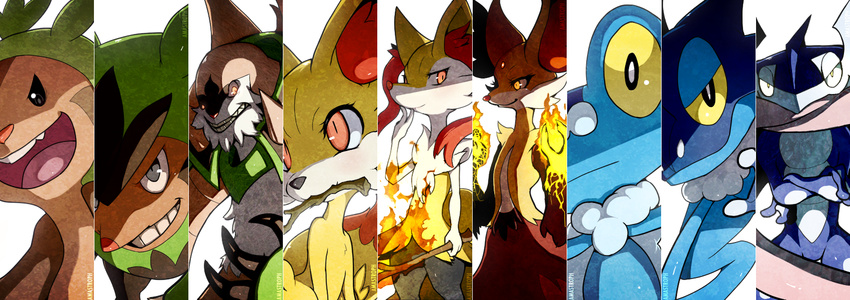 chesnaught chespin column_lineup delphox fennekin fire froakie frogadier gen_6_pokemon greninja grin hexed highres no_humans pokemon pokemon_(creature) quilladin smile