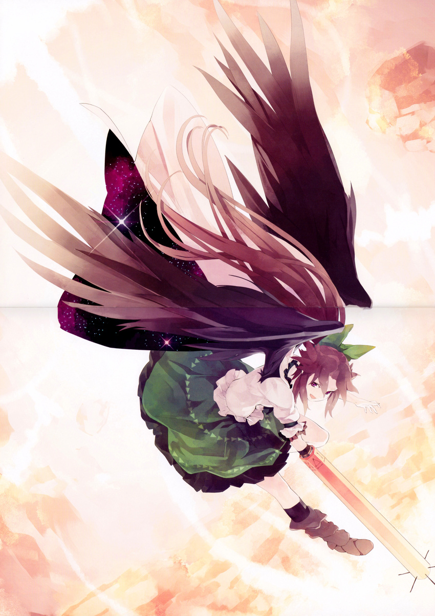 absurdres arm_cannon black_legwear black_wings bow brown_eyes brown_hair cannon crease feathered_wings frilled_skirt frills hair_ribbon highres long_hair looking_back open_mouth puffy_sleeves reiuji_utsuho ribbon scan shihou_(g-o-s) shirt shoes short_sleeves skirt smile socks solo touhou weapon white_shirt wings