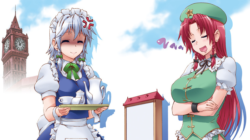 anger_vein apron bracelet braid breasts byeontae_jagga clock clock_tower closed_eyes crossed_arms cup drooling hat hong_meiling izayoi_sakuya jewelry large_breasts long_hair maid maid_headdress medium_breasts multiple_girls open_mouth red_hair shaded_face short_hair silver_hair sleeping smile star teacup teapot touhou tower tray twin_braids wrist_cuffs zzz