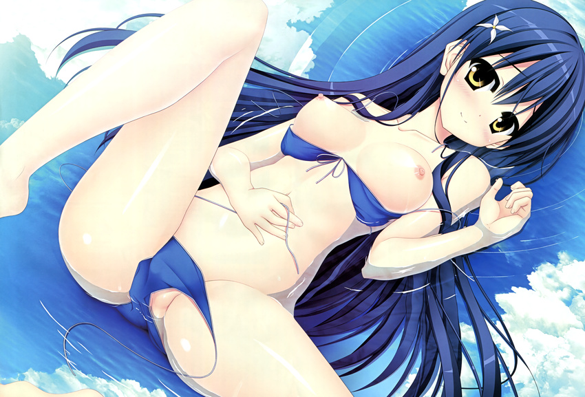 1girl absurdres akizuki_tsukasa bikini breasts haruka_kanata highres izumi_shizuku nipples sorahane swimsuit undressing wet