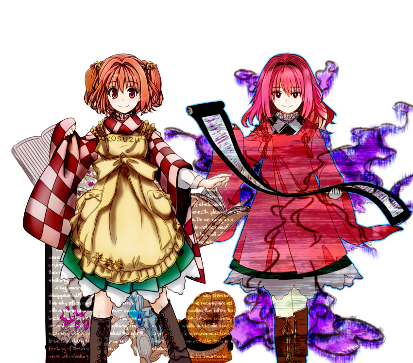 1girl apron aura bell blush book boots checkered checkered_kimono clothes_writing dark_persona darkness dual_persona eyebrows_visible_through_hair forbidden_scrollery hair_bell hair_intakes hair_ornament highres japanese_clothes kimono motoori_kosuzu orange_hair red_eyes scroll short_twintails skirt smile tk31 touhou twintails wide_sleeves