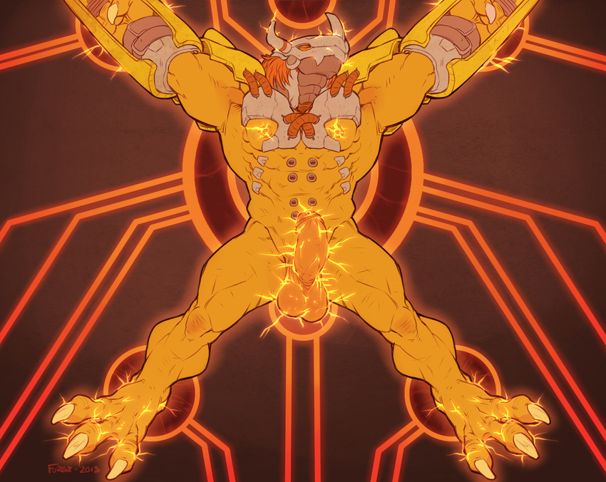3_toes abs anthro armor balls barefoot biceps claws digimon dinosaur electricity electrostimulation erection eyes_closed hair headgear hi_res lizard male manly mask muscles nipples nude orange_hair pecs penis raised_arm reptile scalie solo spread_legs spreading theropod thewielder toe_claws uncut wargreymon