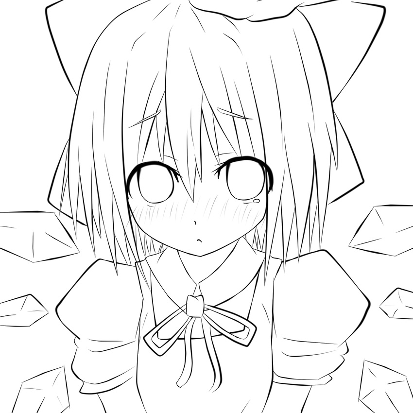 blush bow cirno greyscale highres lineart looking_at_viewer monochrome short_hair solo touhou wars-ma