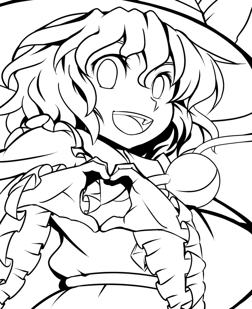 :d absurdres eyes green_eyes greyscale hat heart heart_hands highres komeiji_koishi lineart looking_at_viewer monochrome open_mouth short_hair smile solo touhou wabi_(wbsk)