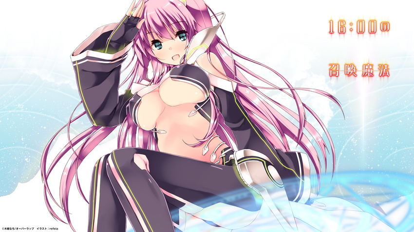 1girl android bare_shoulders blue_eyes blush bodysuit breasts female gloves happy headphones large_breasts long_hair looking_at_viewer open_mouth original pink_hair refeia sitting smile solo underboob wallpaper