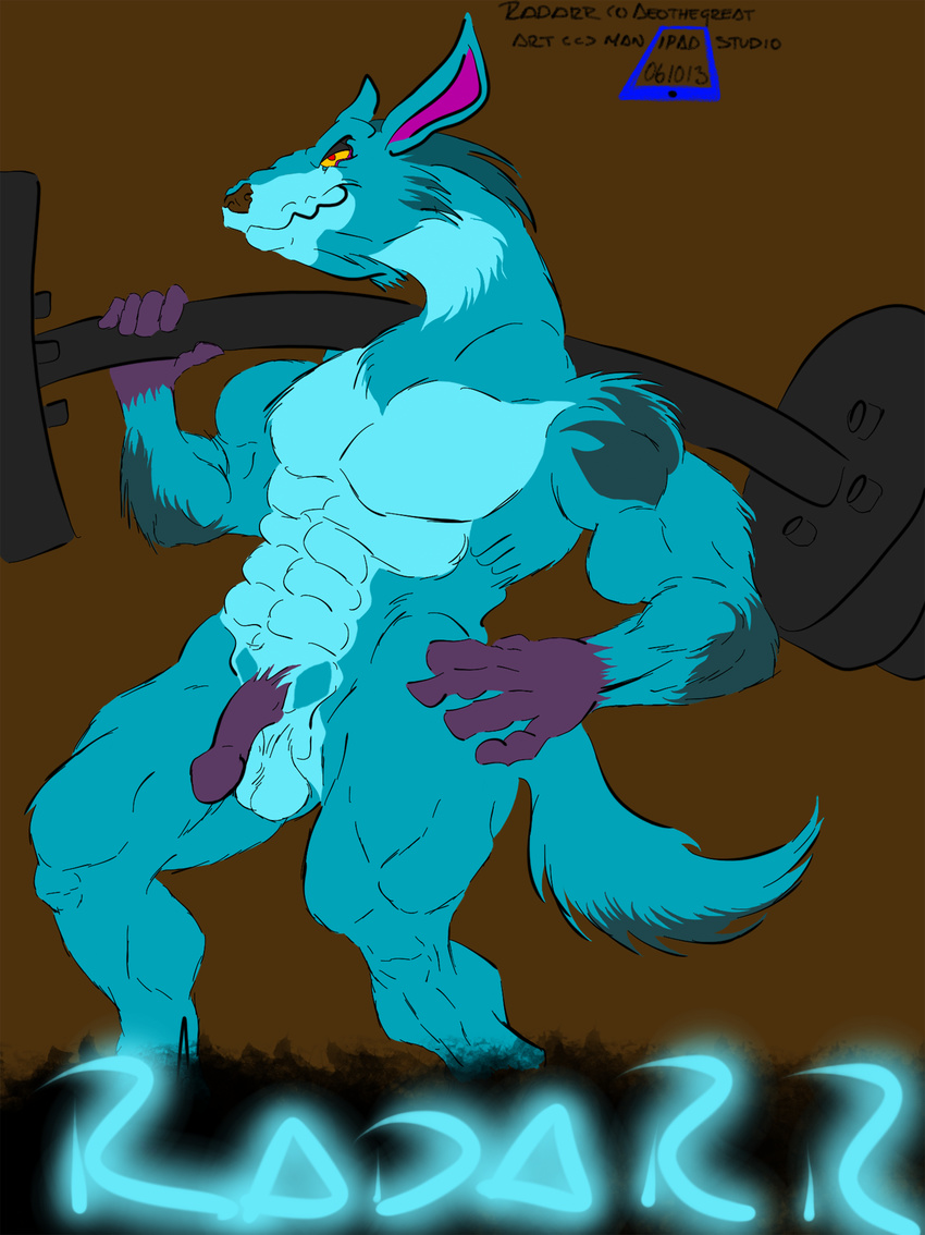 anthro balls blue_fur brown_background brown_nose circumcised countershading fluffy_tail fur gloves_(marking) hand_on_hip male manipadstudio_(artist) markings muscles penis plain_background pose purple_penis radarr red_eyes solo source_uploader weightlifting yellow_sclera