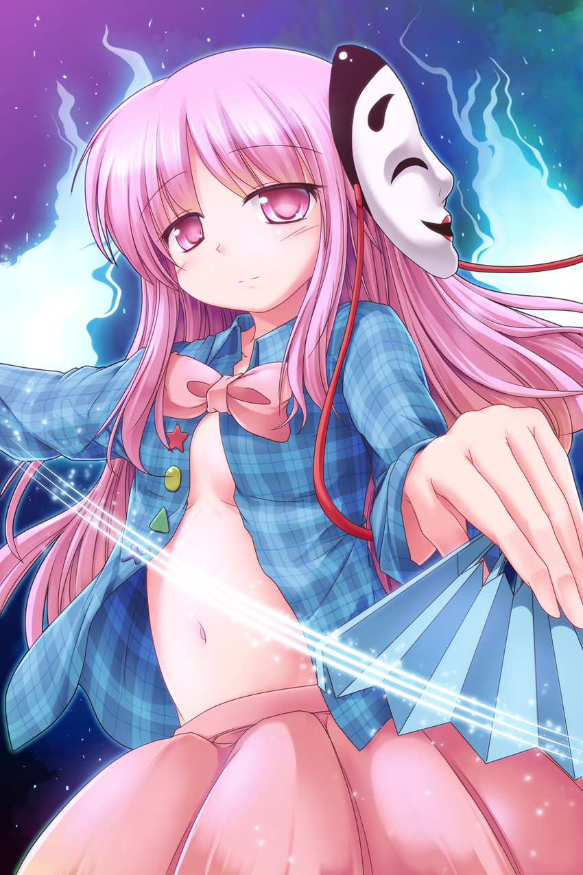 bow breasts expressionless face_mask fan folding_fan hata_no_kokoro highres light_particles long_hair long_sleeves looking_at_viewer lzh mask medium_breasts navel no_bra open_clothes open_shirt pink_eyes pink_hair plaid plaid_shirt shirt skirt solo touhou very_long_hair wide_sleeves