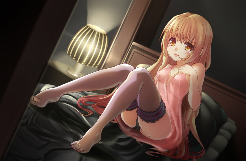 bad_id bad_pixiv_id bed bed_sheet bedroom black_panties blonde_hair blush breasts camisole grey_legwear indoors ishibashi lamp long_hair nipples open_mouth original panties pillow see-through sitting small_breasts solo tears thighhighs underwear yellow_eyes