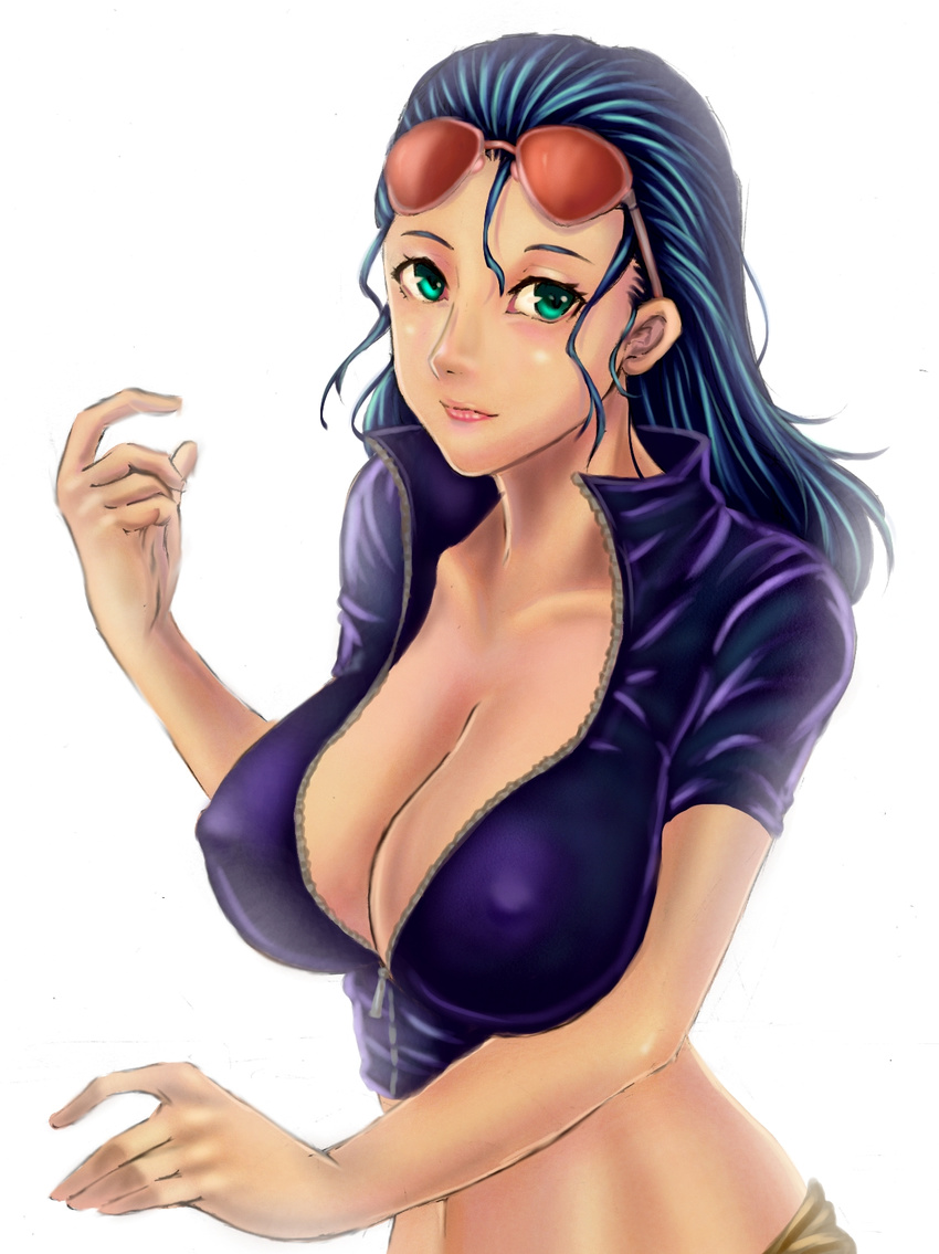 1girl akira_(yuibnm71) aqua_eyes blue_hair breasts center_opening cleavage collarbone covered_nipples crop_top erect_nipples female glasses glasses_on_head hair_slicked_back hand_up highres large_breasts lips long_hair looking_at_viewer midriff nico_robin one_piece purple_shirt shirt short_sleeves simple_background solo sunglasses sunglasses_on_head unzipped upper_body white_background zipper