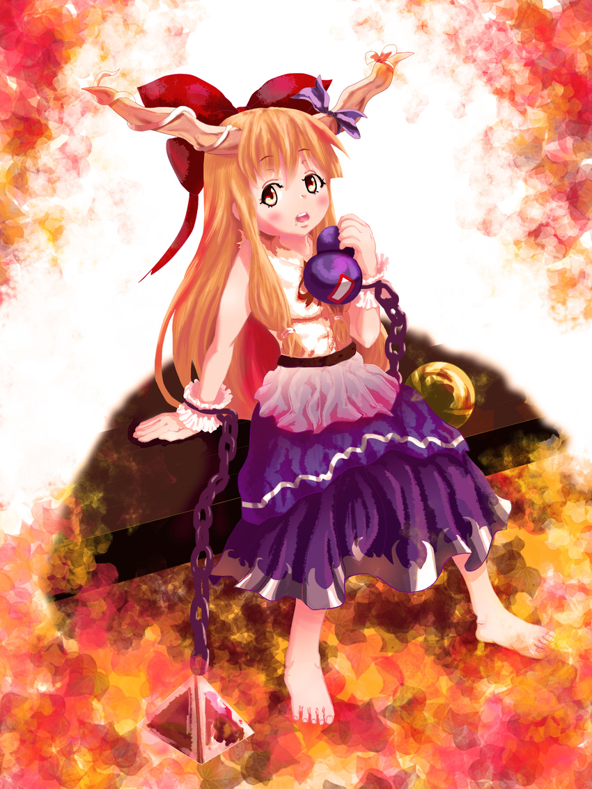 absurdres arm_support barefoot belt bench blush bow chain cuffs drooling gourd hair_bow highres horn_ribbon horns ibuki_suika leaning long_hair looking_at_viewer multicolored multicolored_background open_mouth orange_hair pyramid red_eyes ribbon shackles shirt sitting skirt sleeveless sleeveless_shirt solo sphere tawasi_(nanto5910ken) touhou very_long_hair wrist_cuffs