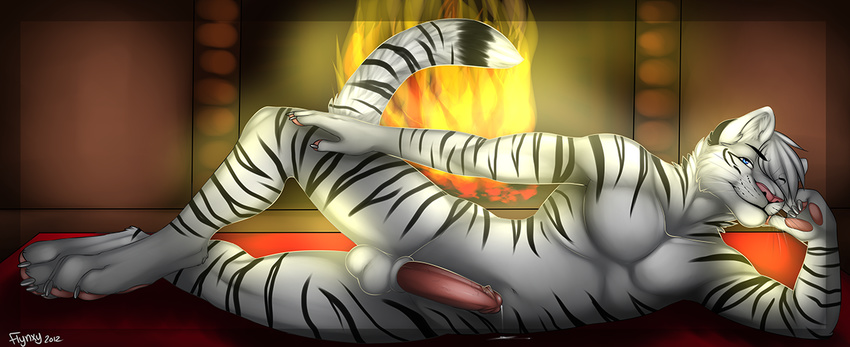 aolun_(character) balls claws erection feline fire fireplace flynx-flink humanoid_penis looking_at_viewer lying male mammal nude on_side penis pose precum presenting smile solo tiger whiskers white_tiger