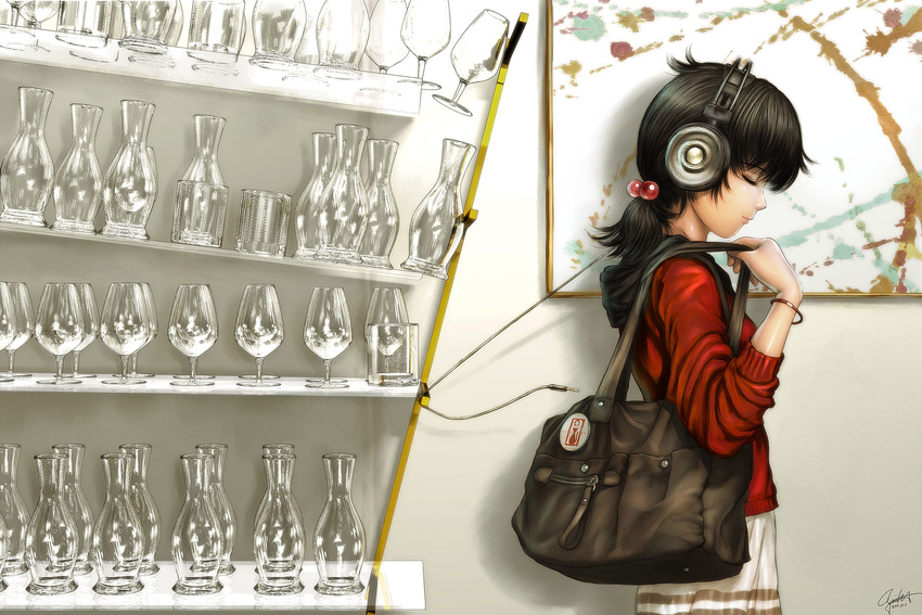 accident bag black_hair commentary_request cup drinking_glass headphones highres hood hoodie jacket original red_jacket s_zenith_lee vase wine_glass
