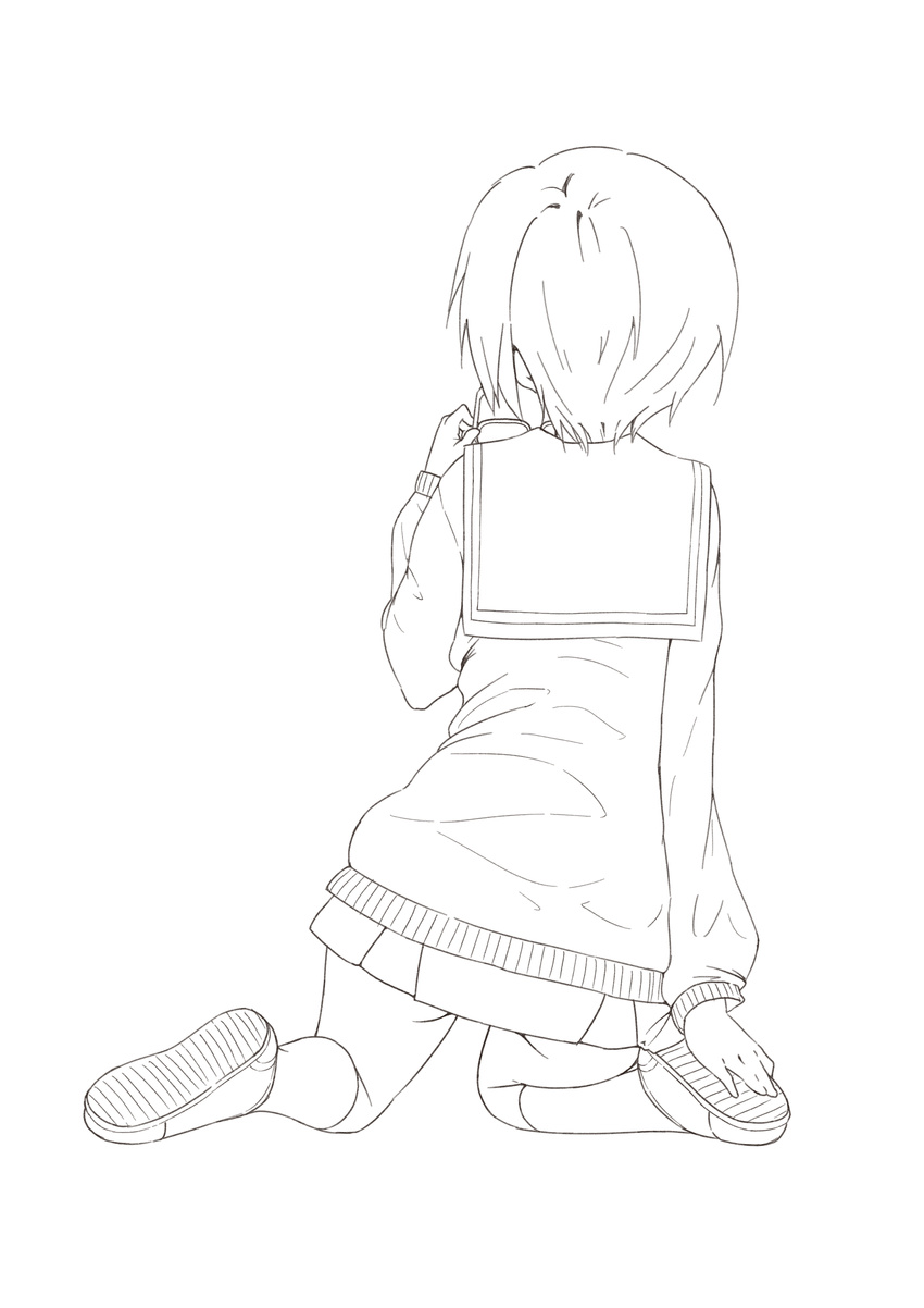 absurdres cardigan errant glasses greyscale highres kita_high_school_uniform kneeling lineart monochrome nagato_yuki school_uniform serafuku shoes short_hair solo suzumiya_haruhi_no_yuuutsu uwabaki