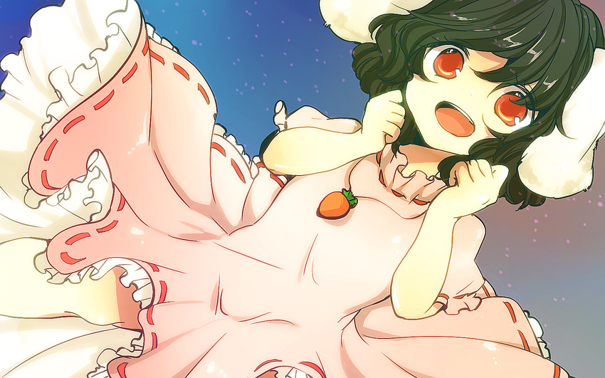 animal_ears black_hair bunny_ears carrot carrot_necklace dress dutch_angle frills happy image_sample inaba_tewi jewelry kiguchiko md5_mismatch necklace open_mouth pink_dress pixiv_sample puffy_sleeves red_eyes short_hair short_sleeves smile solo touhou