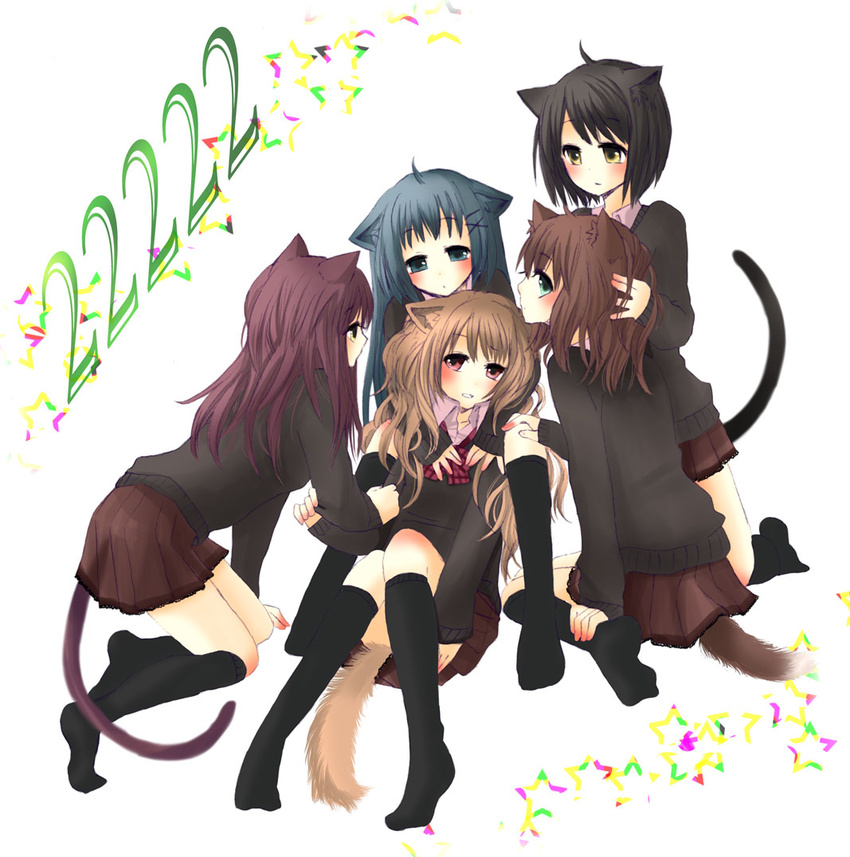 ahoge animal_ears between_legs black_hair black_legwear blonde_hair blue_eyes blue_hair blush brown_hair green_eyes hand_behind_head kneehighs kneeling long_hair multiple_girls nekoya_saki no_shoes original profile red_eyes school_uniform short_hair simple_background sitting skirt socks star sweater tail wariza yellow_eyes