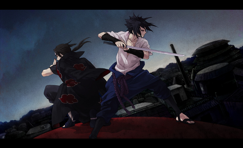 akatsuki_(naruto) back-to-back black_hair brothers building fighting_stance forehead_protector headband kneeling male_focus multiple_boys naruto naruto_(series) red_eyes rope sandals shiga_(nattou_mo) siblings squatting sword uchiha_itachi uchiha_sasuke weapon