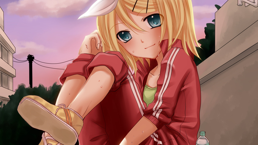 blonde_hair blue_eyes highres kagamine_rin shoes short_hair solo sweat track_suit vocaloid yayoi_(egoistic_realism)
