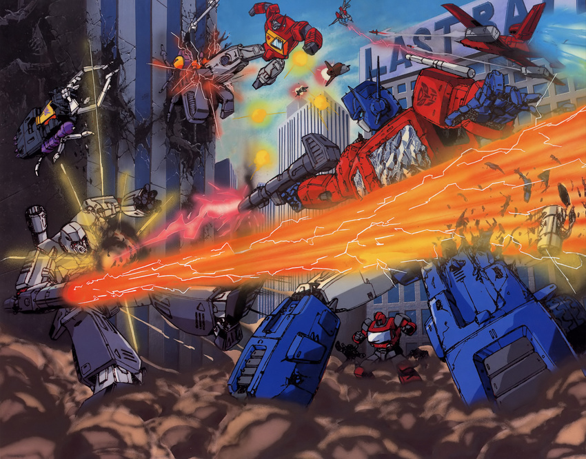 artist_request autobot battle blaster_(transformers) bombshell city damaged decepticon epic gun handgun insecticon ironhide megatron no_humans oldschool optimus_prime pistol powerglide rifle robot ruins science_fiction shrapnel_(transformers) starscream transformers walther walther_p38 weapon