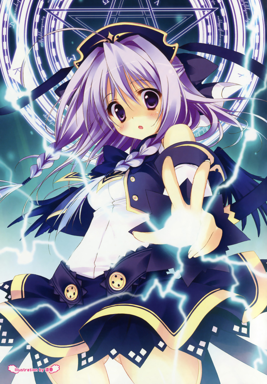 :o ass_visible_through_thighs cowboy_shot headdress highres lightning looking_at_viewer magic_circle original outstretched_arm purple_eyes purple_hair ryouka_(suzuya) skirt solo