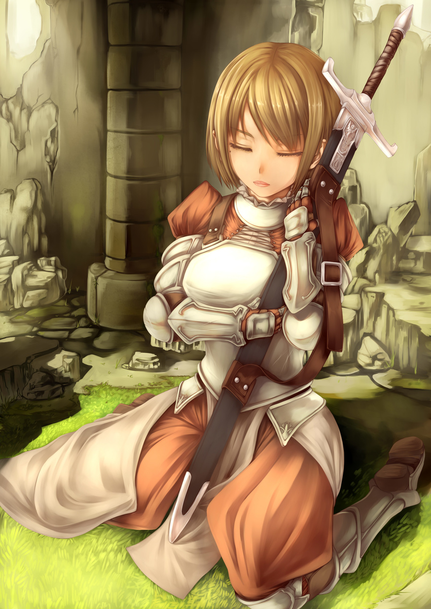 absurdres armor bad_id bad_pixiv_id brown_hair closed_eyes fantasy gauntlets greaves highres knight lips mole mole_under_eye original pillar sitting solo strap sword visualcat wariza weapon