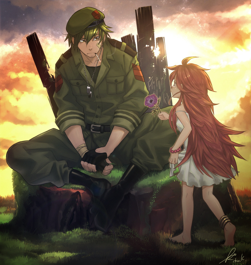 1girl anklet bandages barefoot beard beret boots cigarette dog_tags dress facial_hair feet fingerless_gloves flaky flippy flower gloves green_hair happy_tree_friends hat height_difference highres jewelry kab00m_chuck long_hair military military_uniform necklace personification red_hair smoking tears uniform very_long_hair yellow_eyes