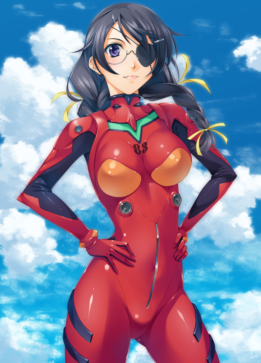 alternate_costume bakemonogatari bangs black_hair bodysuit bracer braid breasts breasts_apart cloud cosplay cowboy_shot day evangelion:_3.0_you_can_(not)_redo eyepatch glasses gloves hair_ornament hair_over_shoulder hair_ribbon hairclip hands_on_hips hanekawa_tsubasa highres large_breasts light_smile lips long_hair looking_at_viewer monogatari_(series) mukunokino_isshiki nekomonogatari neon_genesis_evangelion number outdoors pilot_suit plugsuit purple_eyes rebuild_of_evangelion ribbon rimless_eyewear shikinami_asuka_langley shikinami_asuka_langley_(cosplay) shiny shiny_clothes skin_tight sky slender_waist smile solo souryuu_asuka_langley souryuu_asuka_langley_(cosplay) swept_bangs turtleneck twin_braids twintails