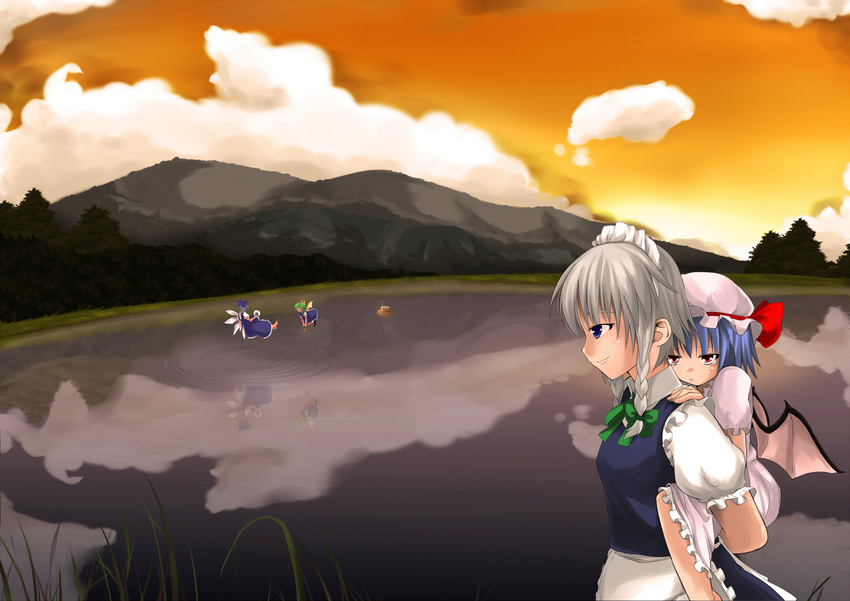 bat_wings carrying cirno daiyousei dusk highres izayoi_sakuya lake meneru mountain multiple_girls piggyback pyonta remilia_scarlet tears touhou wings