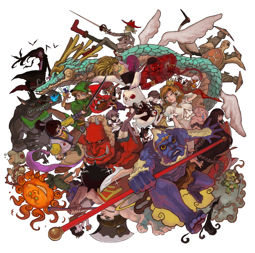 6+girls aladdin_(character) alice_in_wonderland bat big_bad_wolf_(grimm) cinderella crossover dracula dragon flying_nimbus folklore genie_(aladdin) grimm's_fairy_tales highres journey_to_the_west kaguya_(ookami) kaguya_hime kintarou lack little_red_riding_hood little_red_riding_hood_(grimm) mad_hatter mermaid momotarou_(character) momotarou_densetsu monster_girl multiple_boys multiple_girls oni original otohime peter_pan peter_pan_(character) pinocchio pinocchio_(character) puss_in_boots snow_white snow_white_(grimm) sun sun_wukong taketori_monogatari the_little_mermaid tinker_bell_(disney) turtle vampire white_rabbit wolf